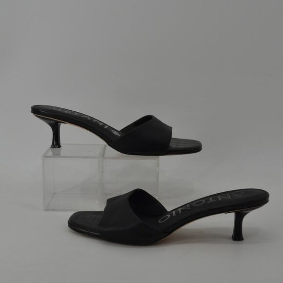 Antonio Melanie Wms Sz 9 Slip On Sandals Black Leather Kitten Heel - Picture 5 of 14
